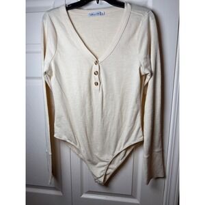 Culture Code Ivory Ribbed Henley Bodysuit V-Neck Long Sleeve Cream 1X